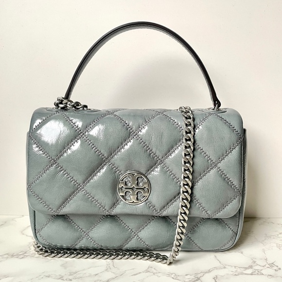 New Tory Burch Willa Small Patent Leather Convertible Shoulder Bag Blue Gray - Picture 1 of 14